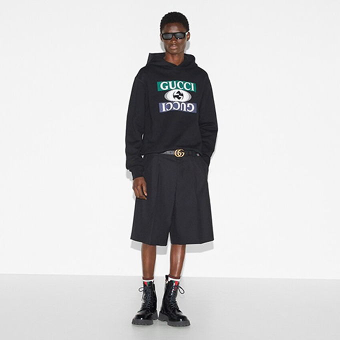 gucci shadow‑effect layered logo cotton fleece hoodie